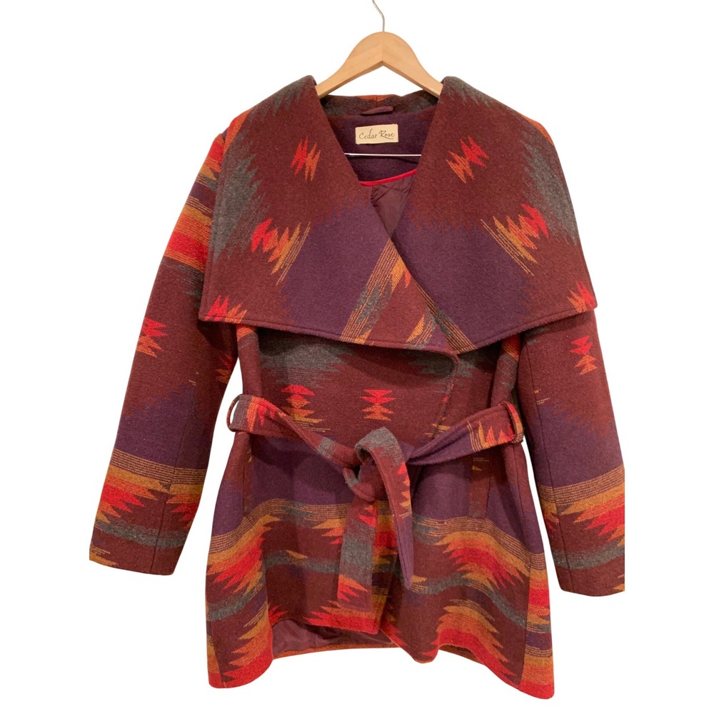 Cedar Rose Southwestern Geometric Wrap‎ Coat Burgundy Orange XL CL-16-607
